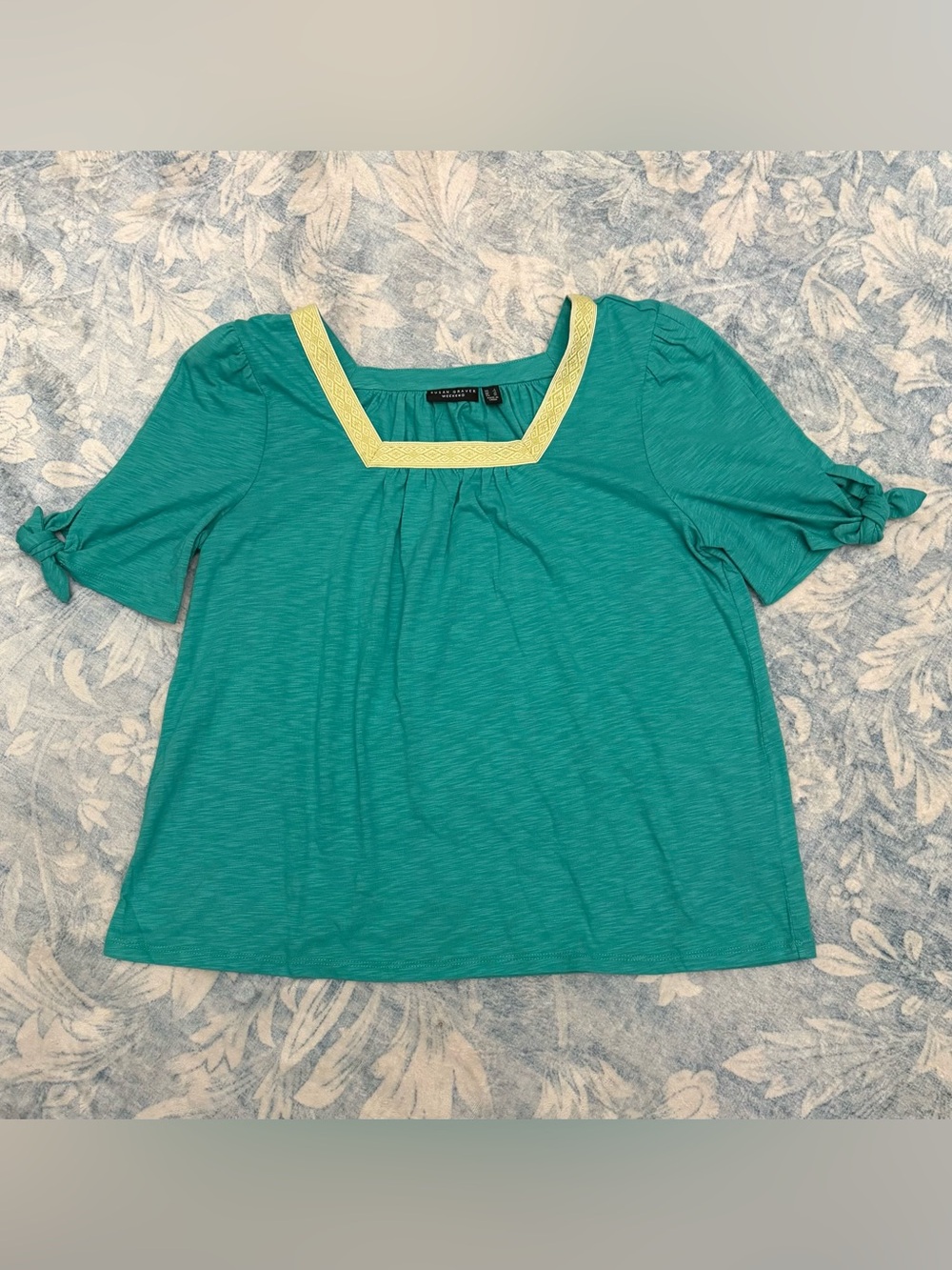 Susan graver weekend Women’s Teal Square-Neck Knit Top with Contrast Trim size L